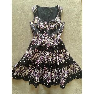 White House Black Market Floral Fit and Flare Dress Black Purple Pockets Size 4